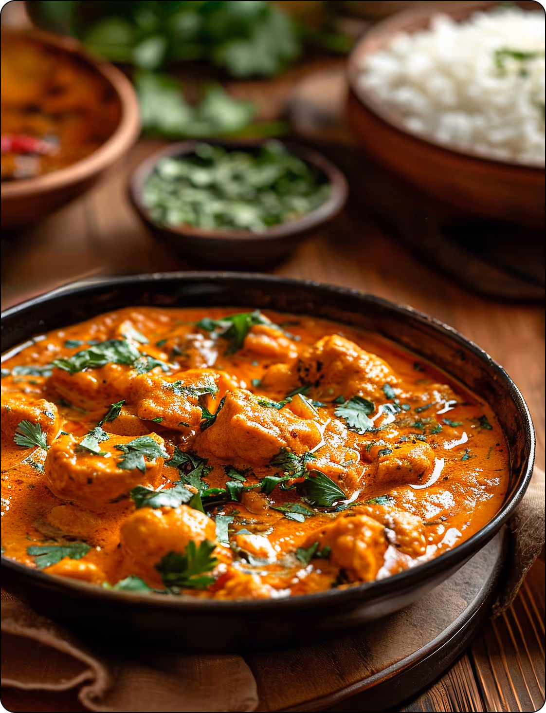 Bowl of creamy chicken tikka masala garnished with fresh cilantro on a wooden table with bowls of herbs and rice in the background.